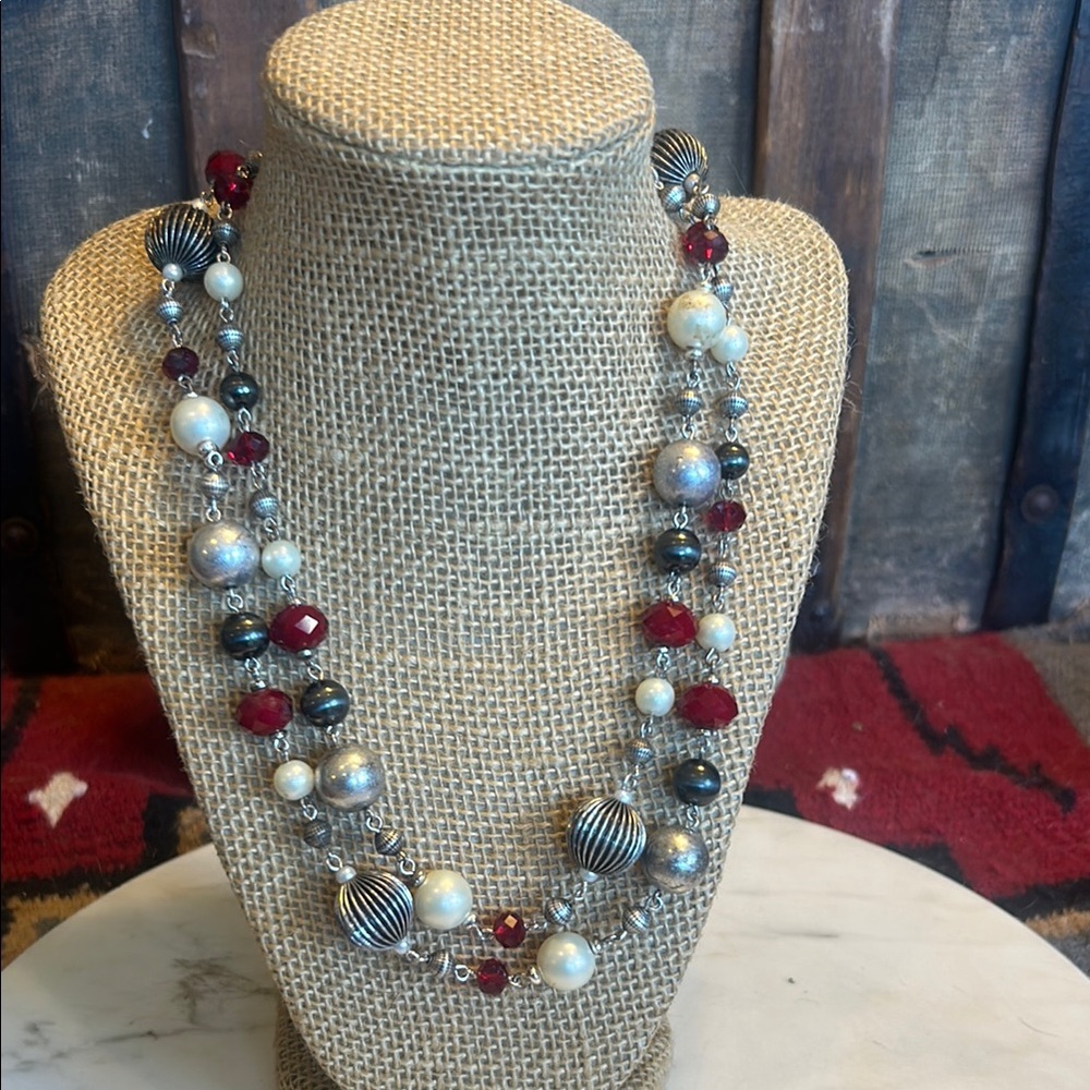 Premier Designs Red And Silver Bead Necklace
